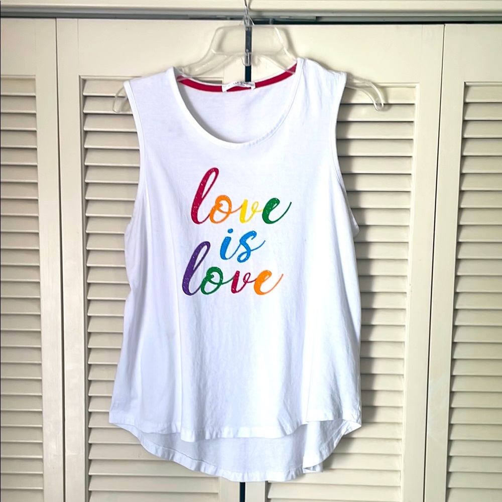 Sweet Soul “Love is love” tank top Sz L white w/ rainbow writing cotton blend